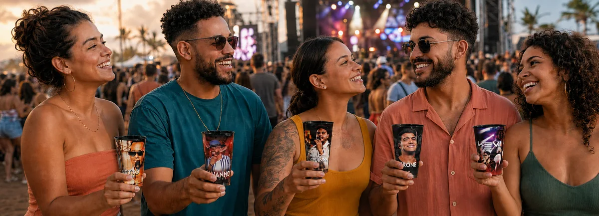 Grupo de amigos brindando com copos personalizados da Plastix numa festa ao ar livre