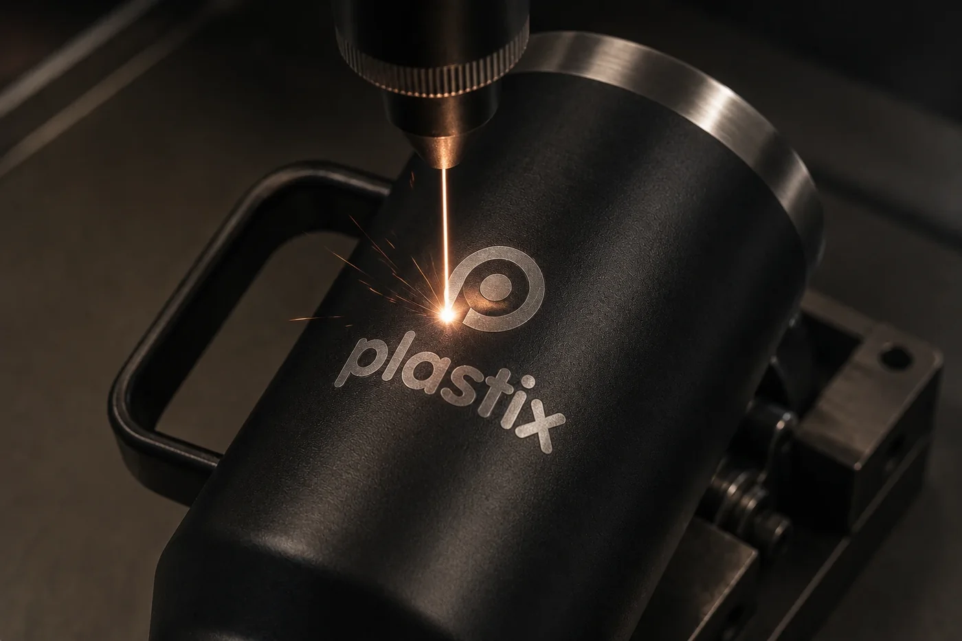 Gravação a laser em andamento num copo térmico de inox